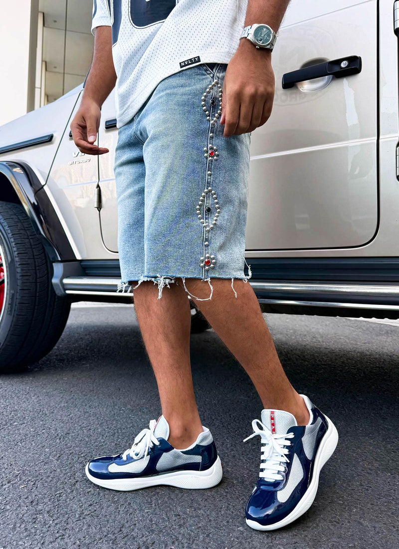Short en jean vintage clouté - Bleu