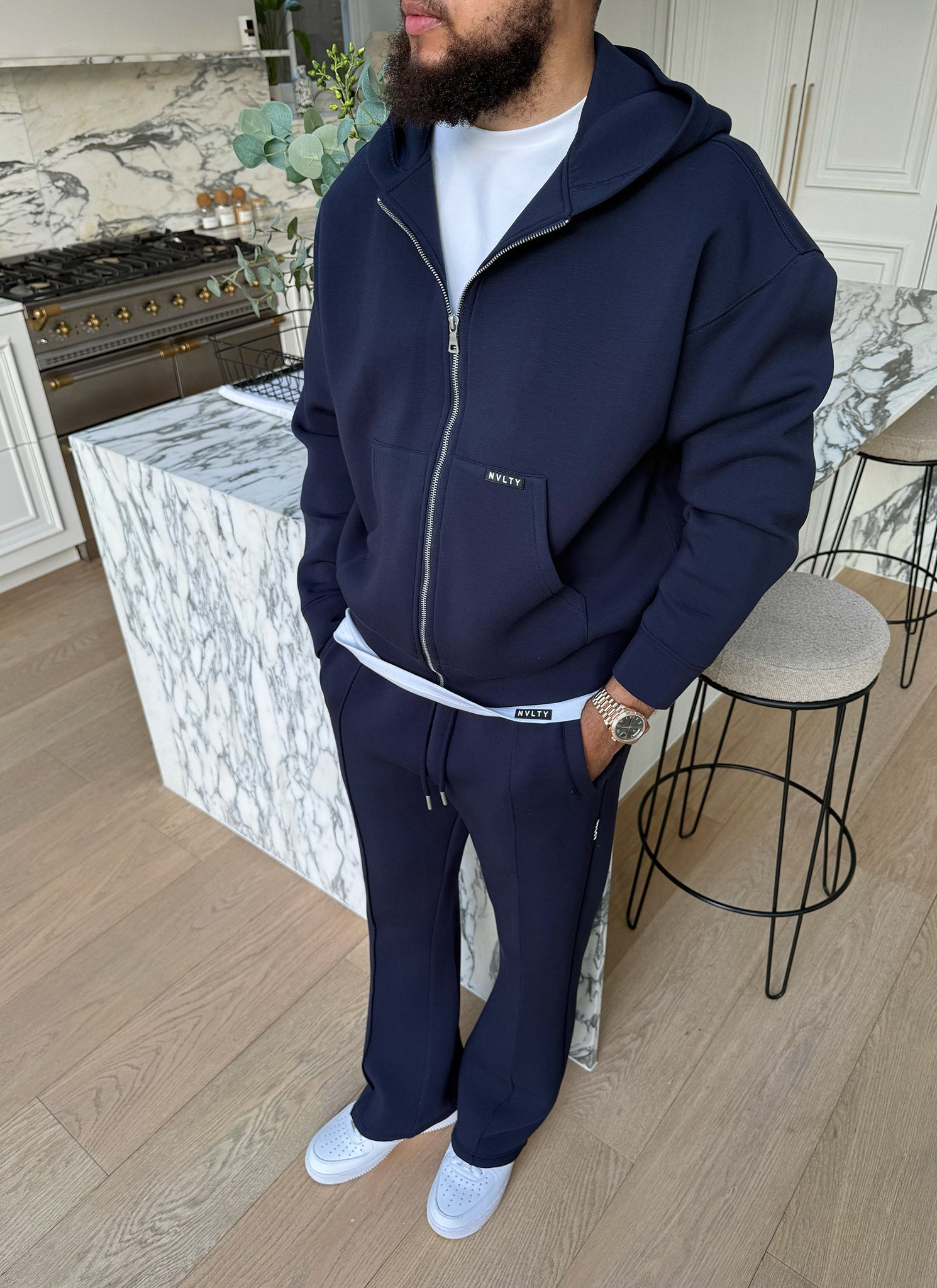 Scuba Structured Flare Pleat Joggers - Navy