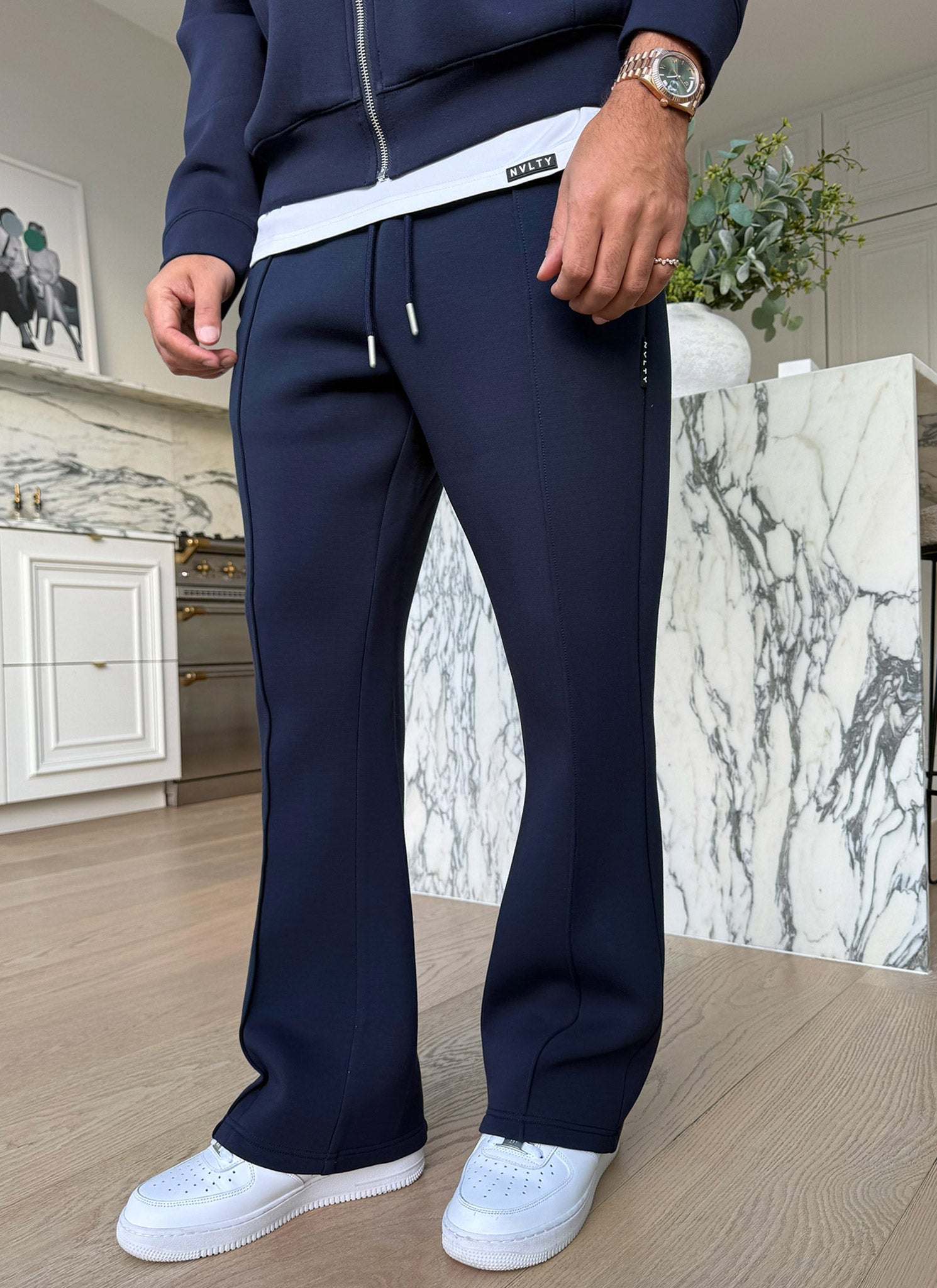 Scuba Structured Flare Pleat Joggers - Navy