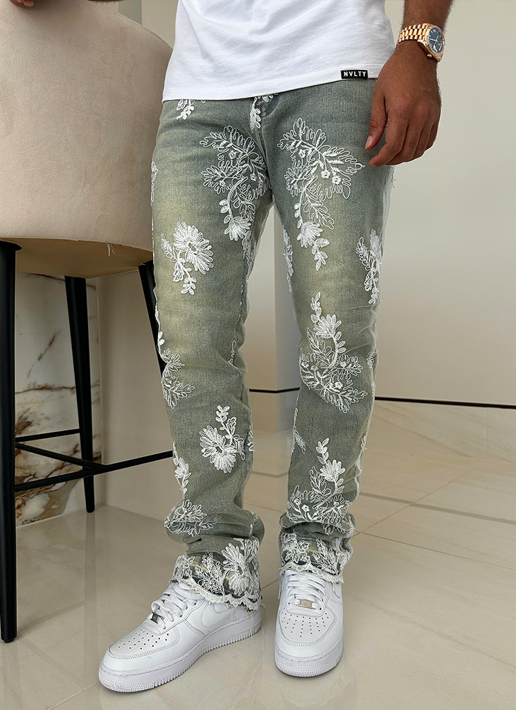 Jean fleuri vintage - Bleu