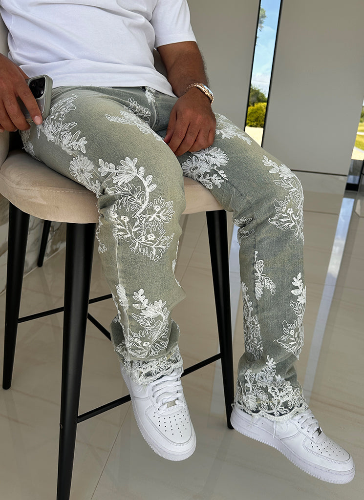 Jean fleuri vintage - Bleu
