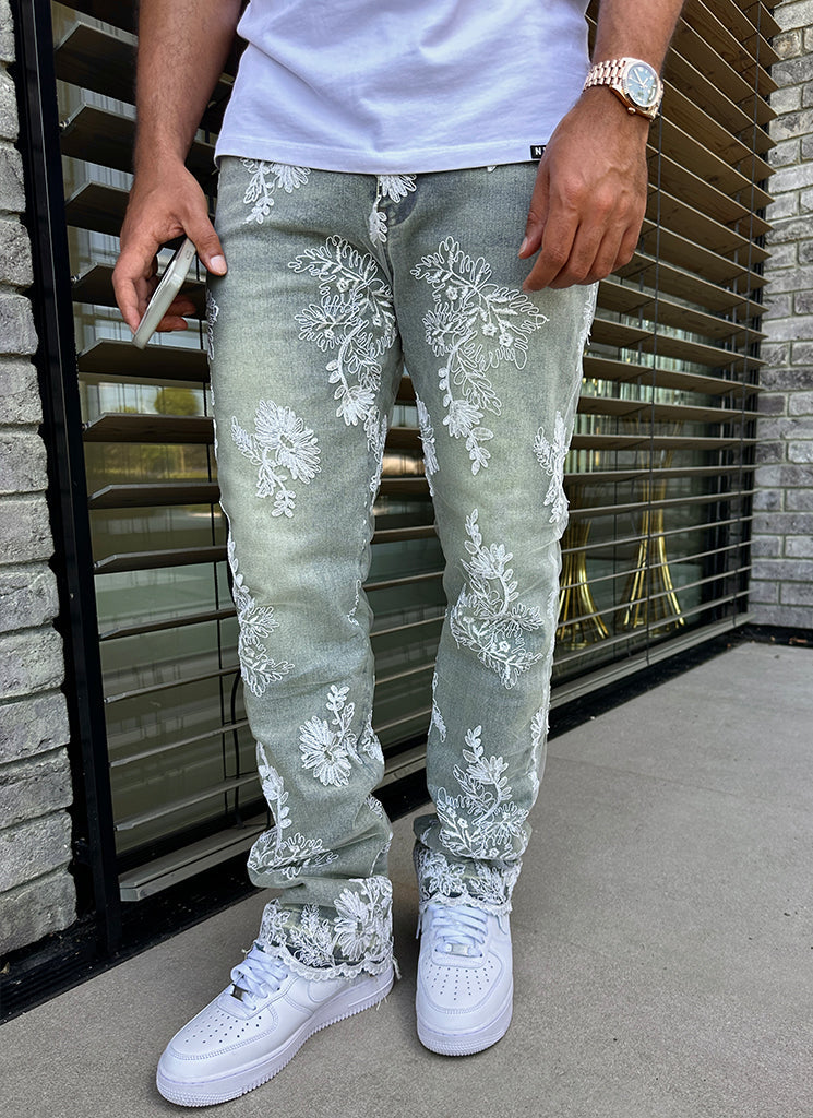 Jean fleuri vintage - Bleu