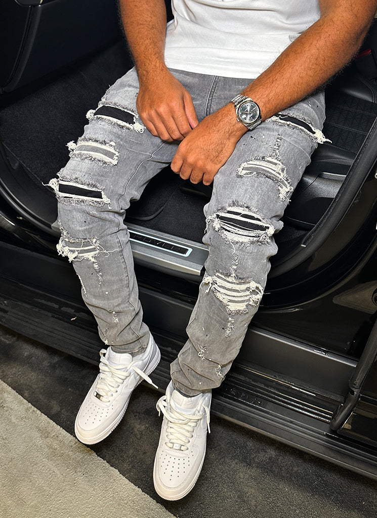 Jeans peints réparés - Gris clair