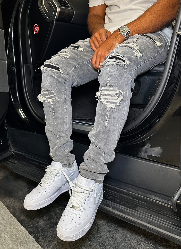 Jeans peints réparés - Gris clair