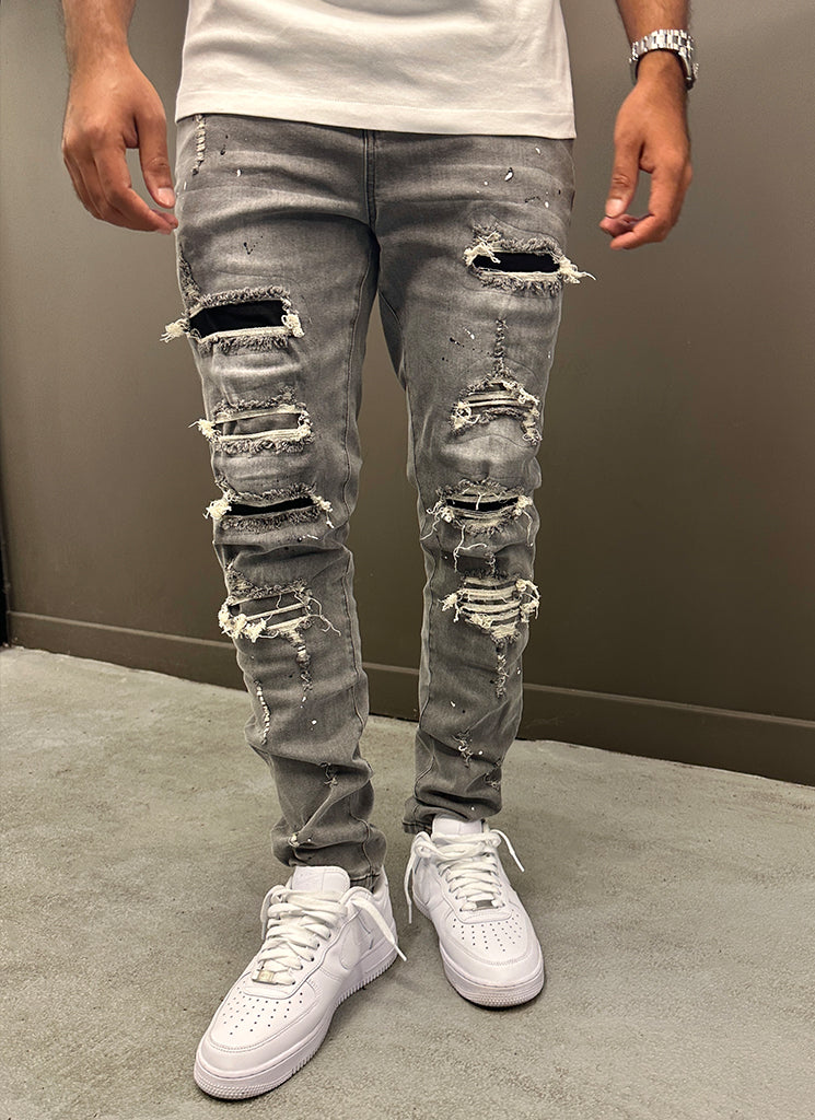 Jeans peints réparés - Gris clair
