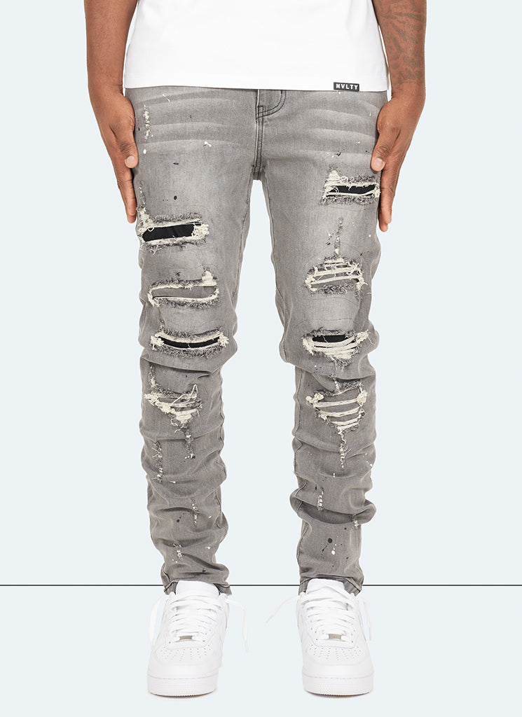 Jeans peints réparés - Gris clair