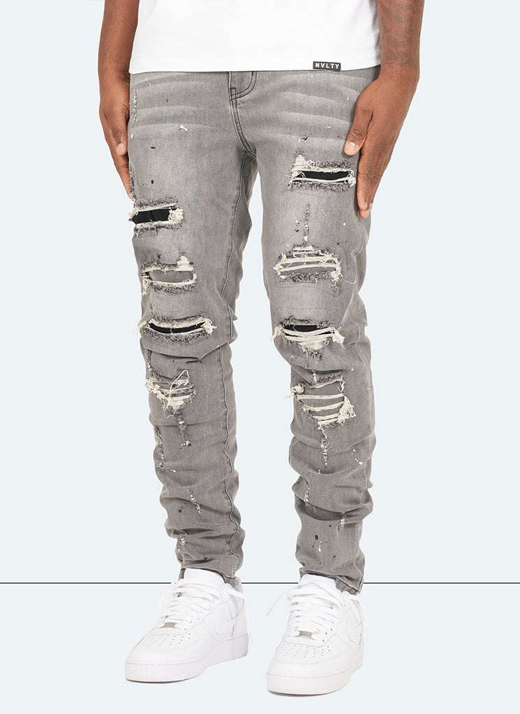 Jeans peints réparés - Gris clair