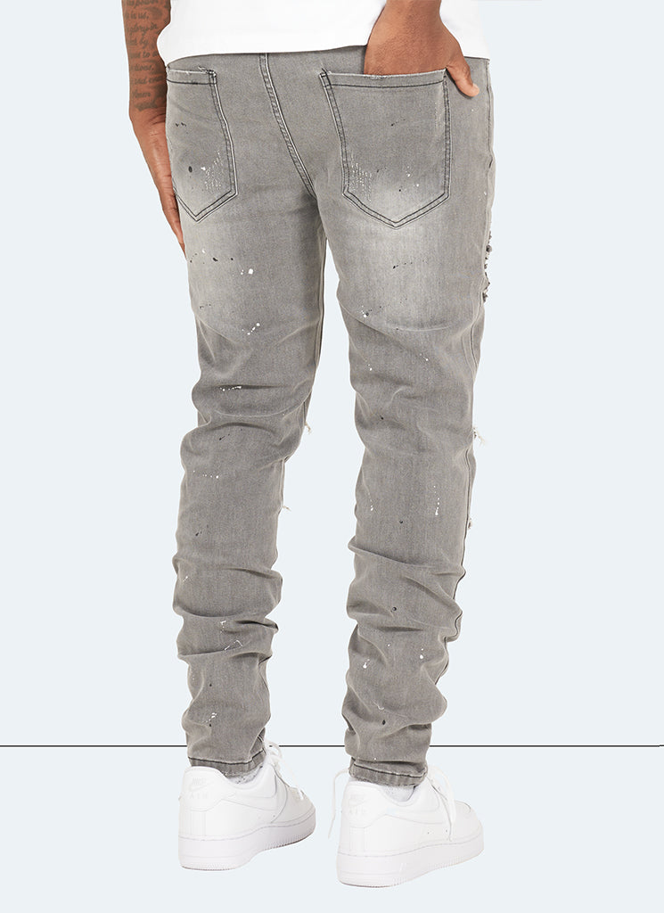 Jeans peints réparés - Gris clair
