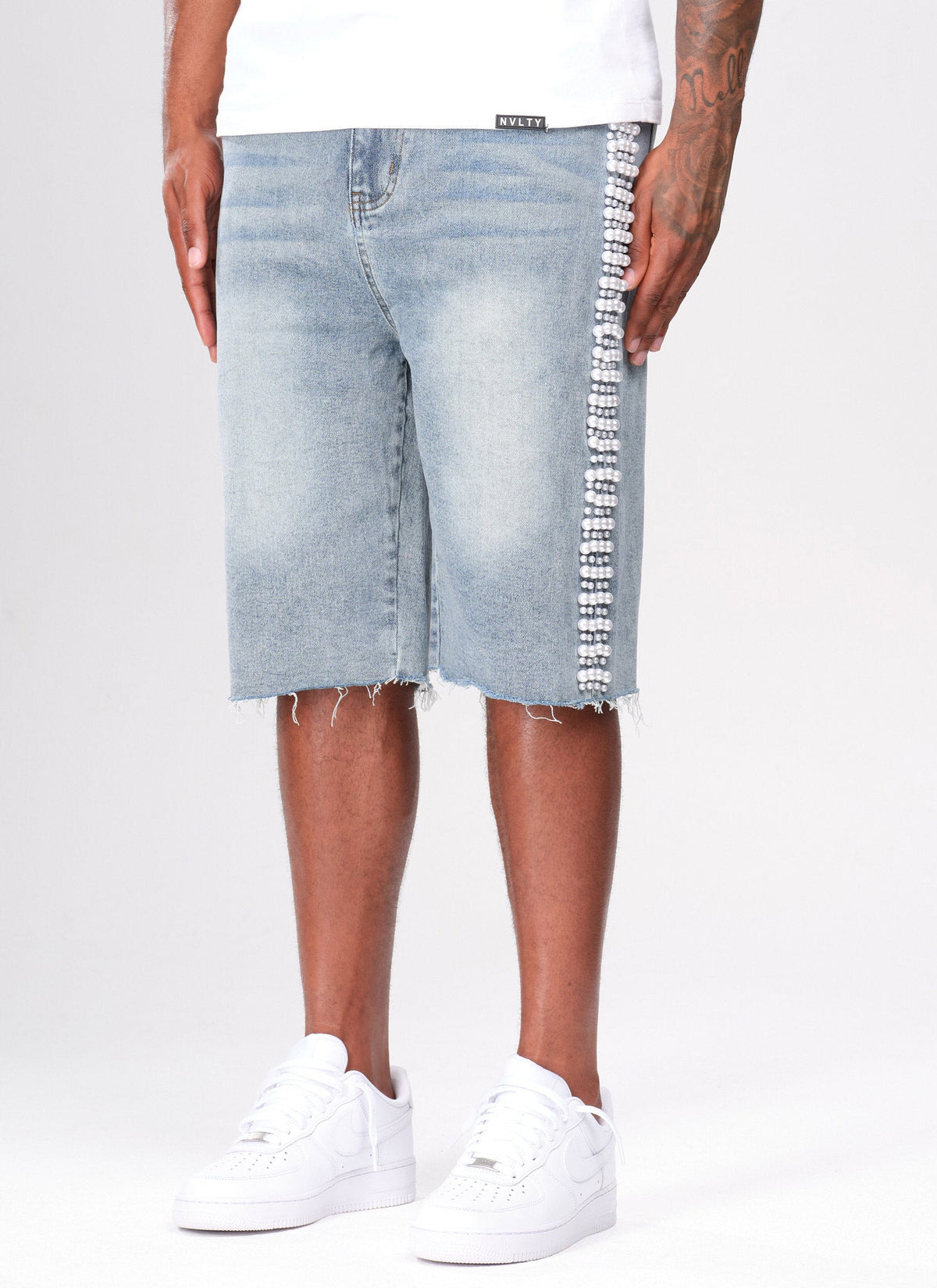 Vintage Pearl Denim Shorts - Blue