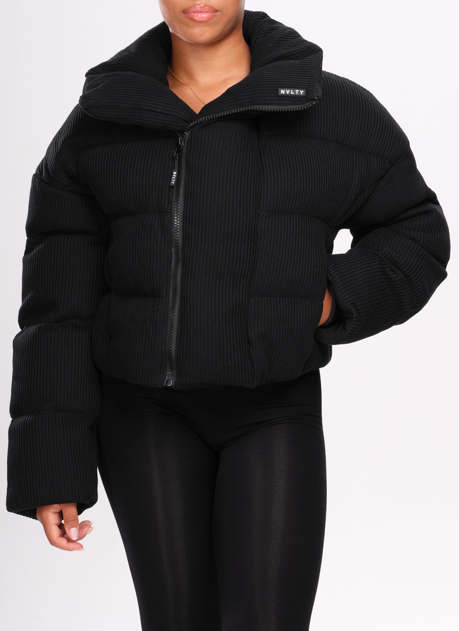 Knit Shawl Collar Puffer Jacket - Black