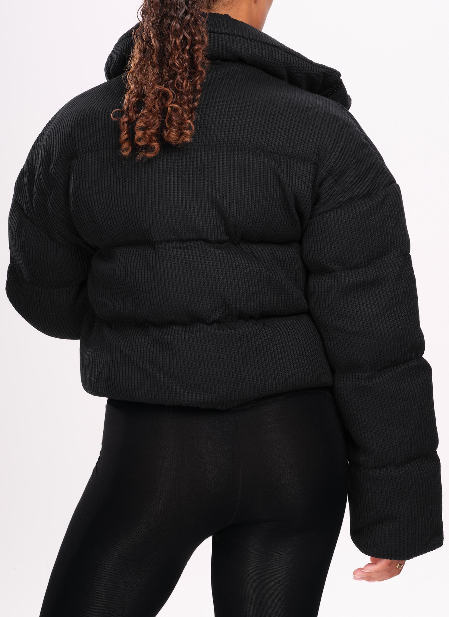 Knit Shawl Collar Puffer Jacket - Black
