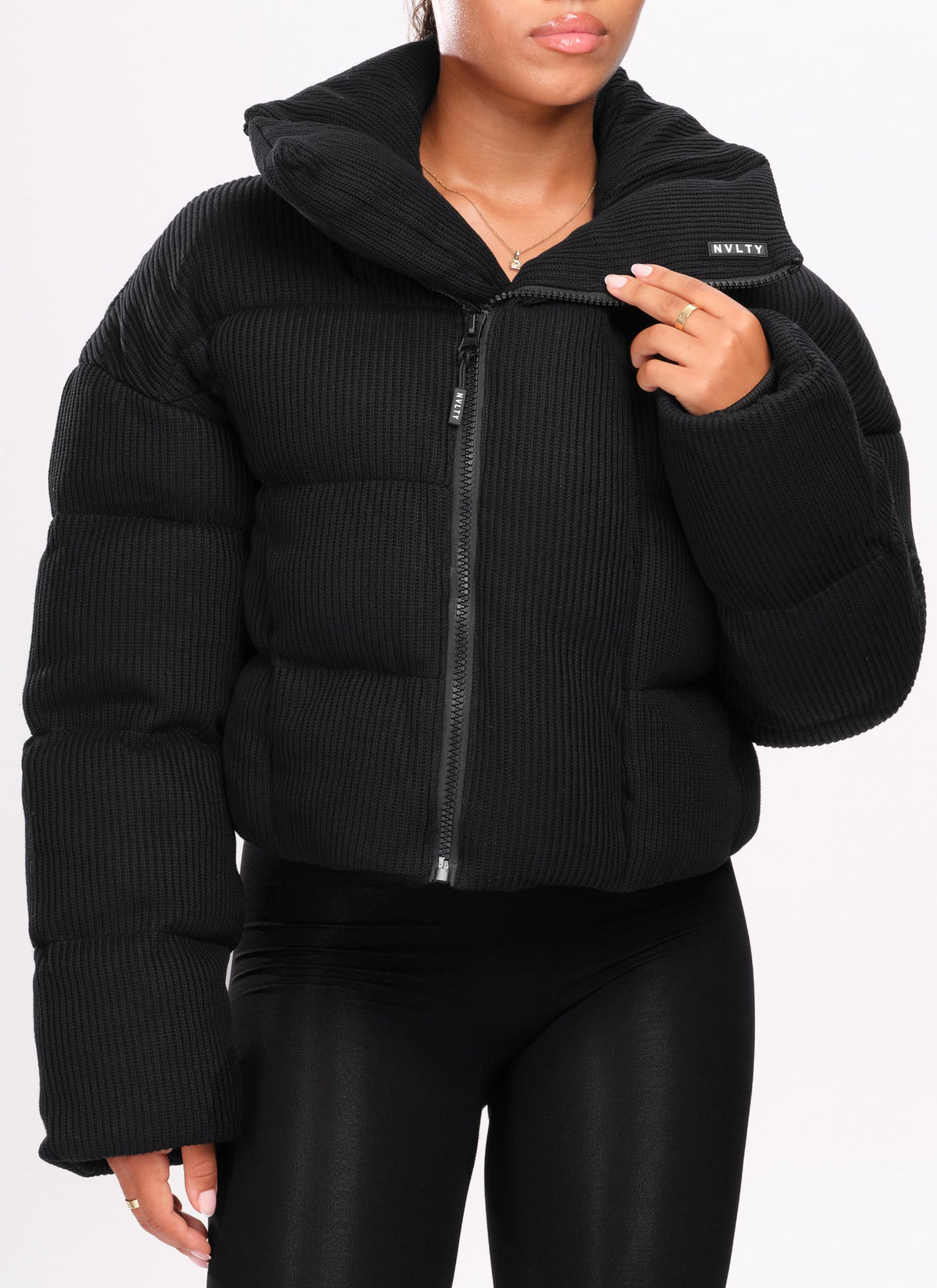 Knit Shawl Collar Puffer Jacket - Black