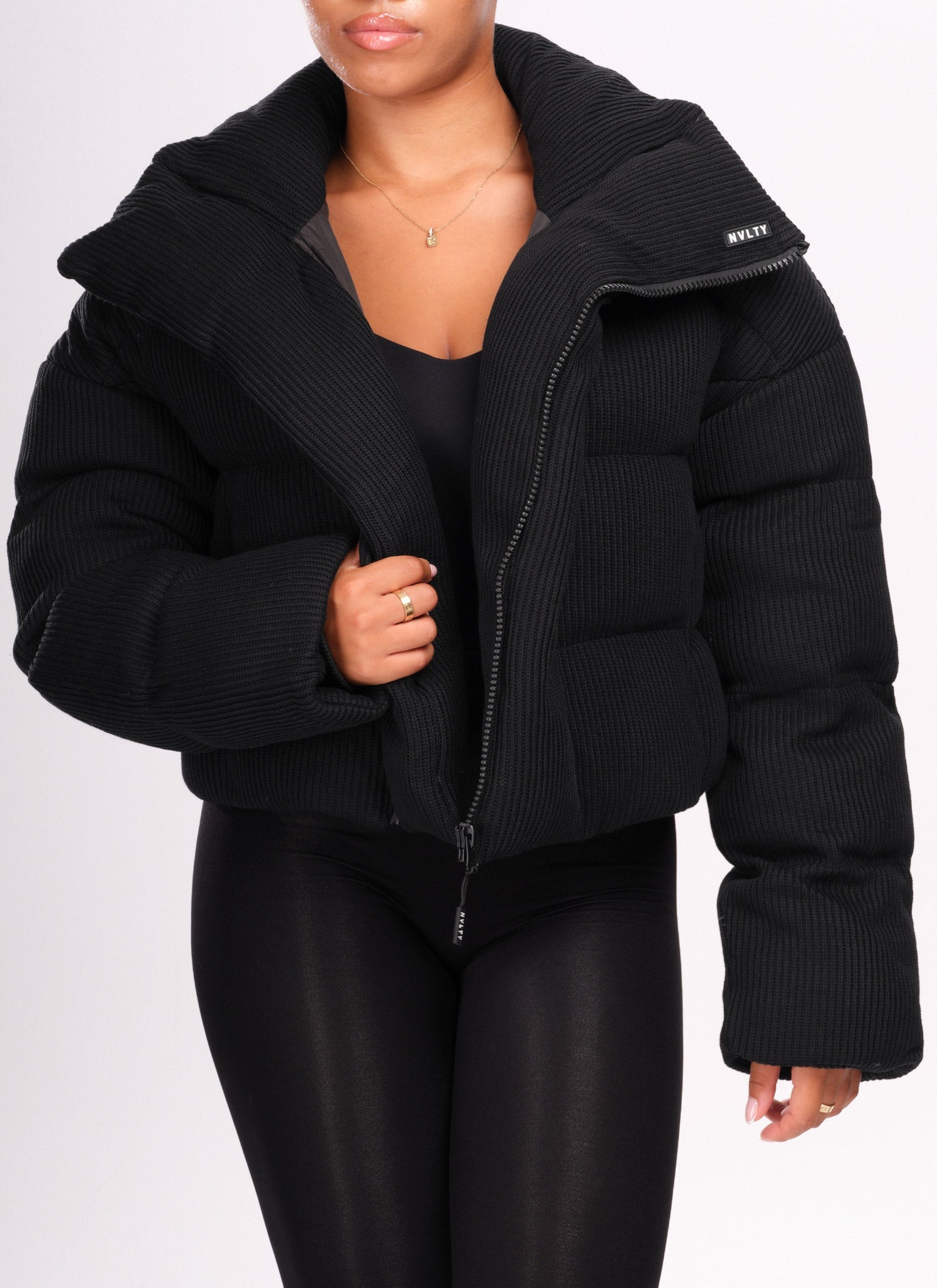 Knit Shawl Collar Puffer Jacket - Black