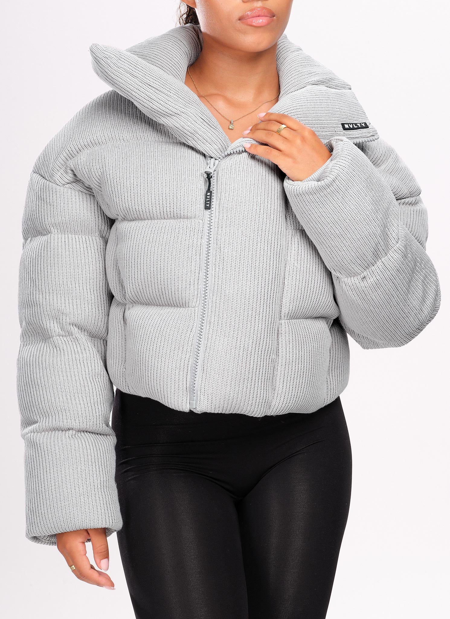 Knit Shawl Collar Puffer Jacket - Grey