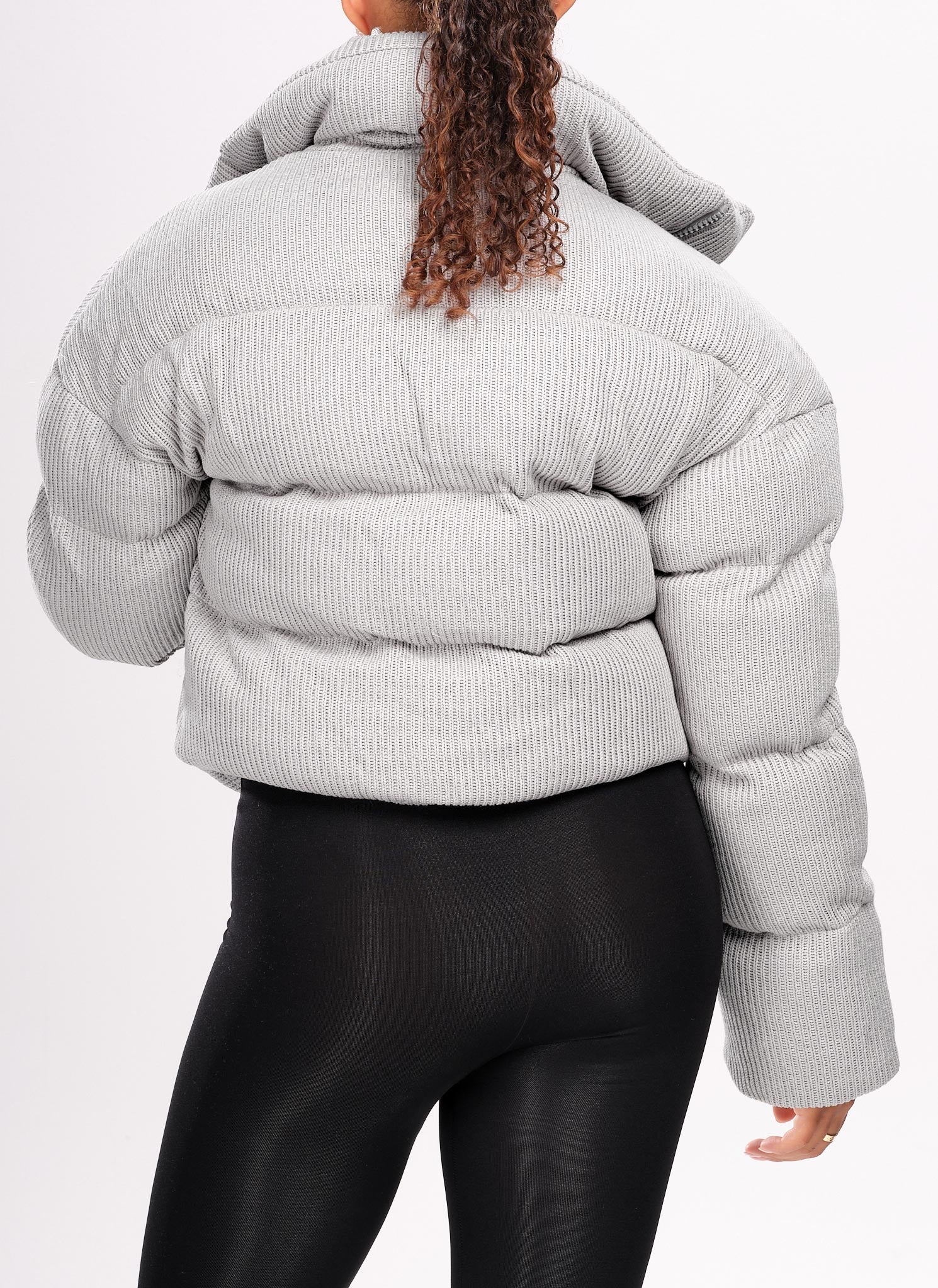 Knit Shawl Collar Puffer Jacket - Grey