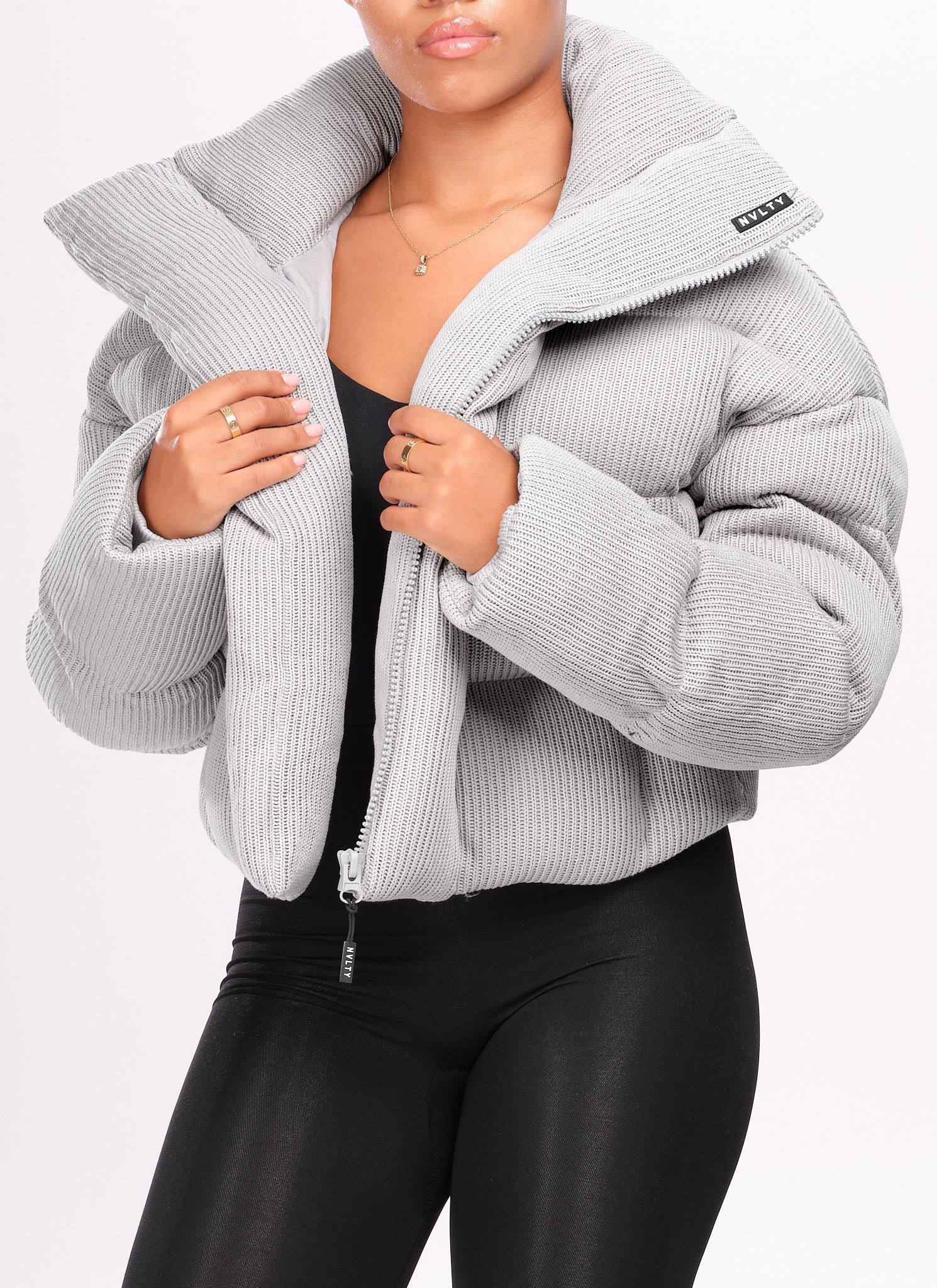Knit Shawl Collar Puffer Jacket - Grey