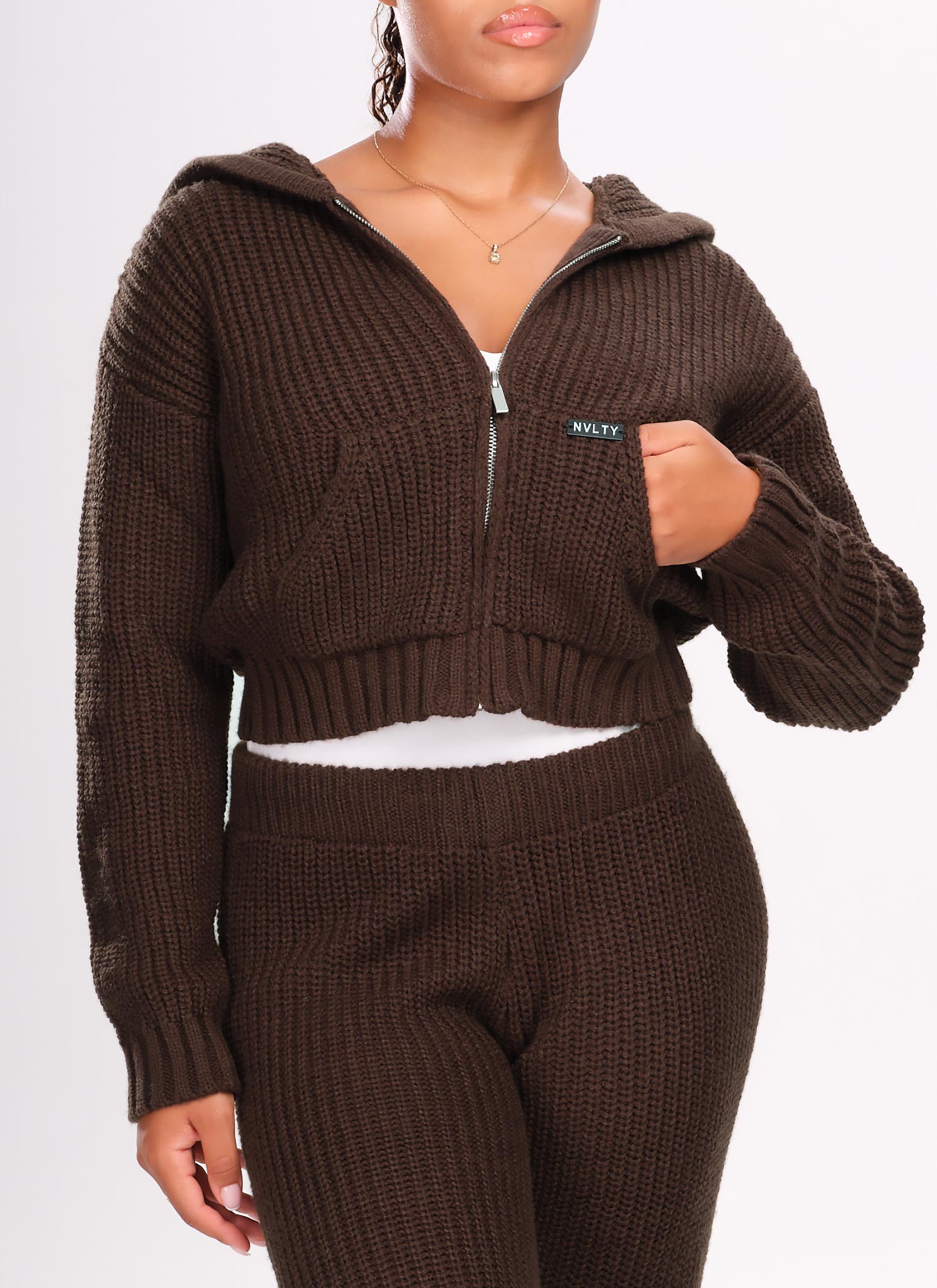 Heavyweight Knitted Zip Hoodie - Brown