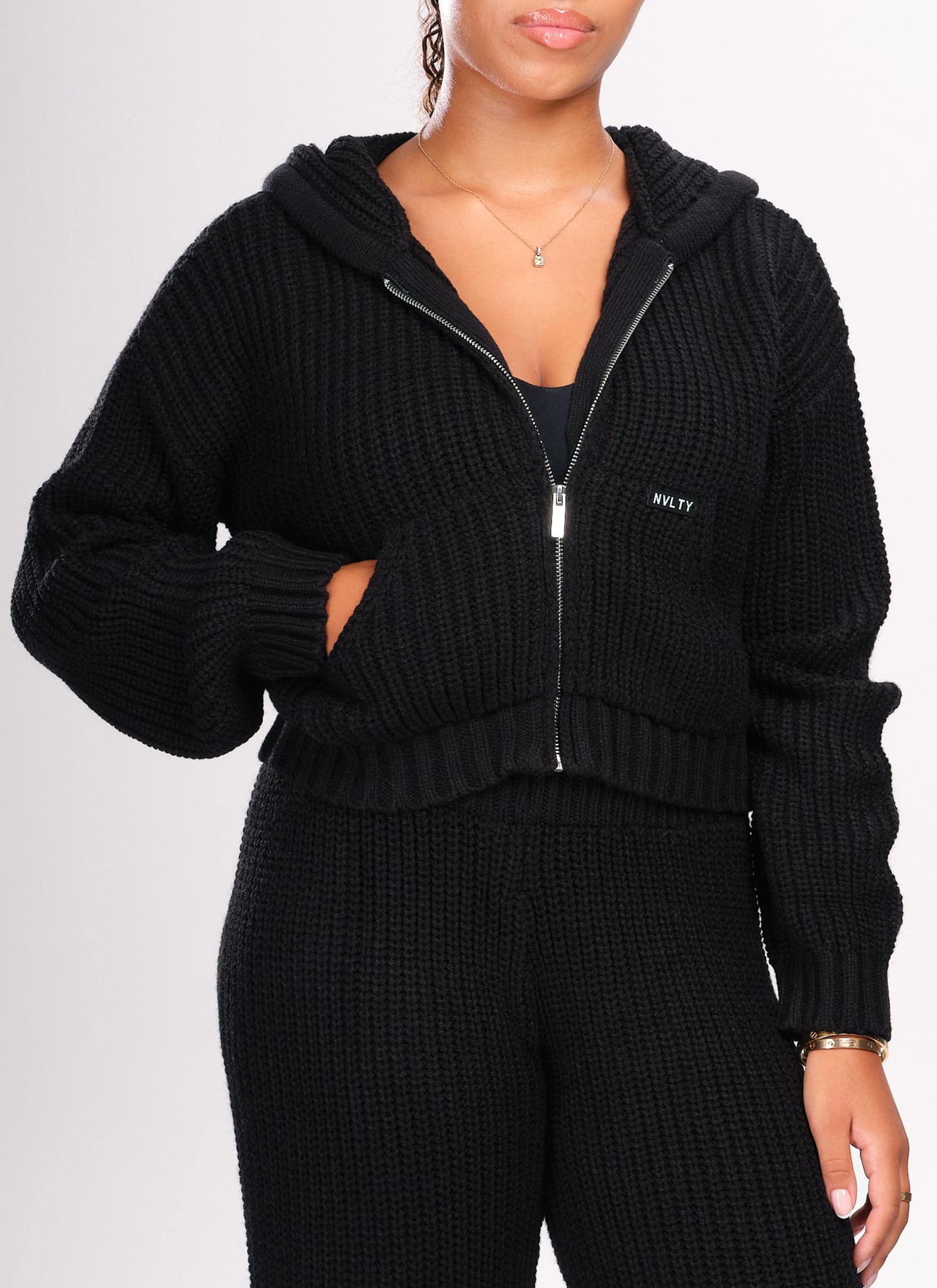 Heavyweight Knitted Zip Hoodie - Black