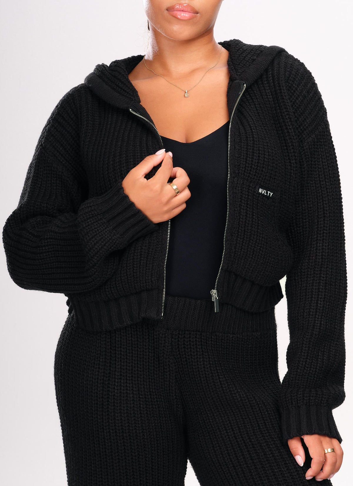 Heavyweight Knitted Zip Hoodie - Black