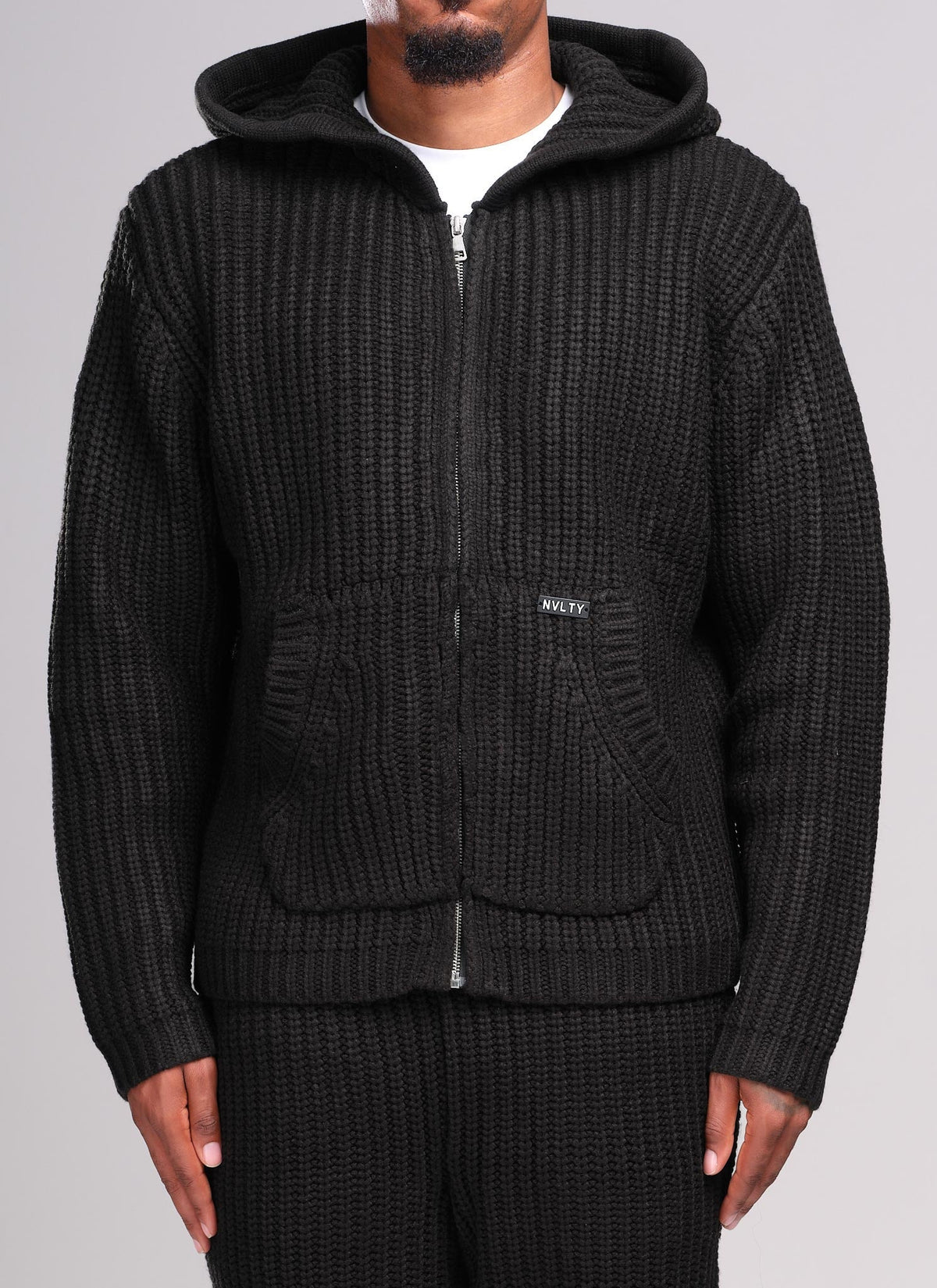 Heavyweight Knitted Zip Hoodie - Black