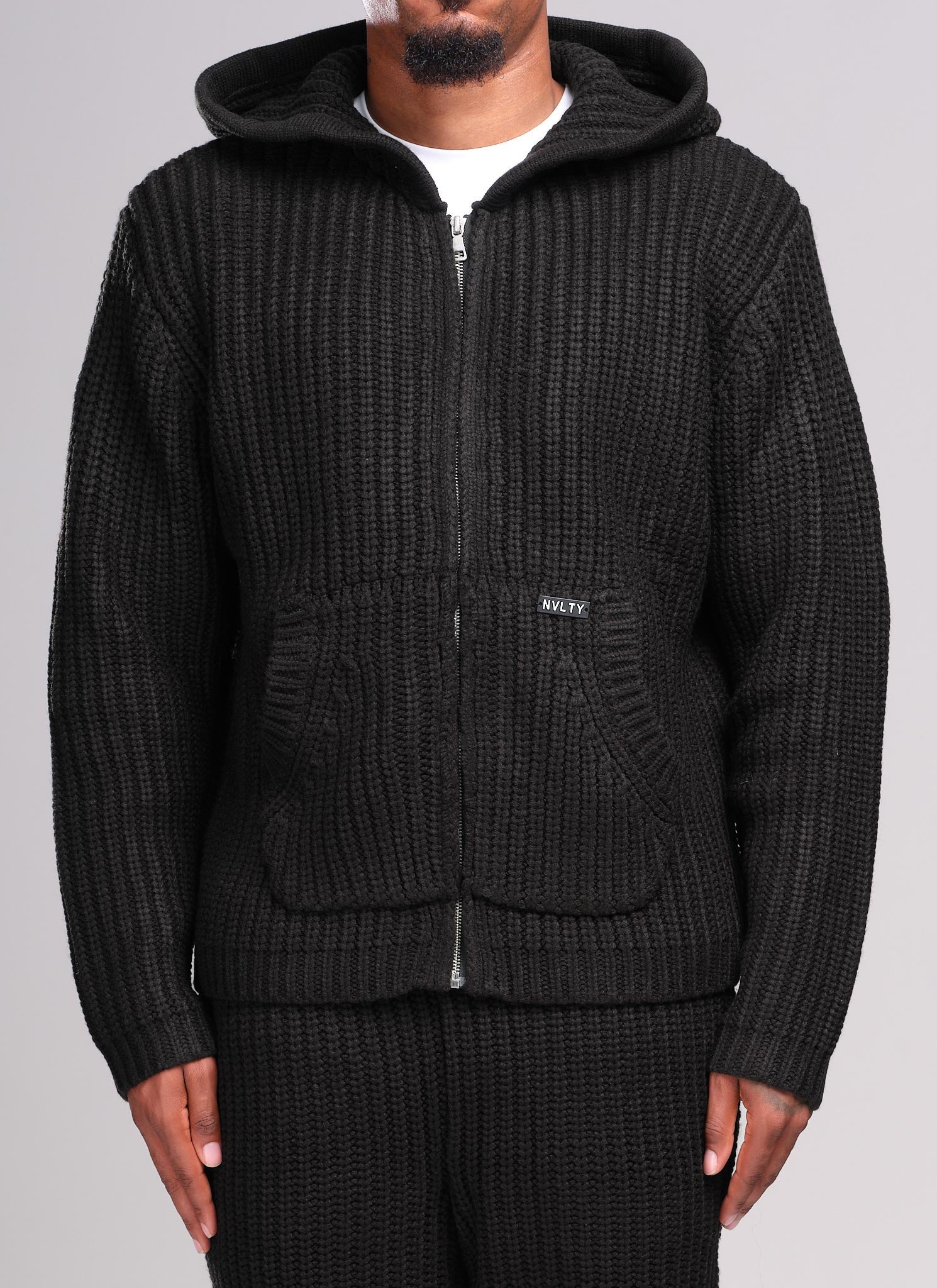 Heavyweight Knitted Zip Hoodie - Black