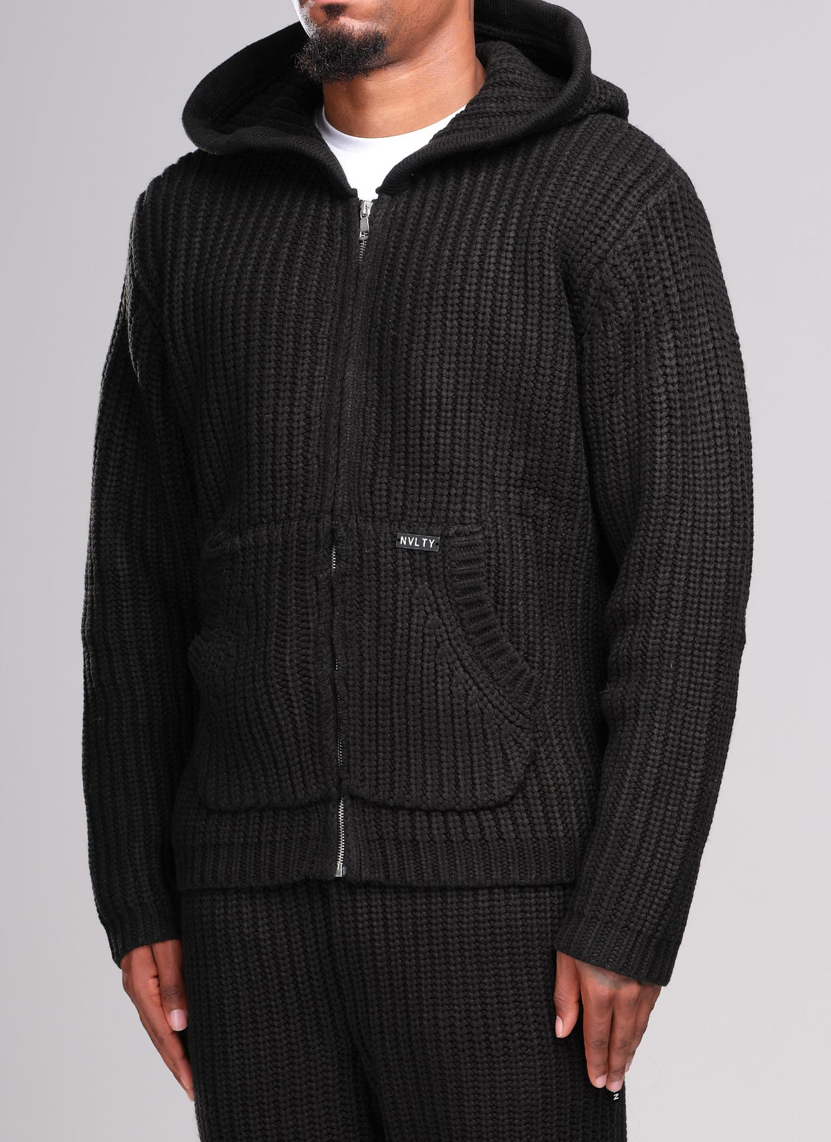 Heavyweight Knitted Zip Hoodie - Black