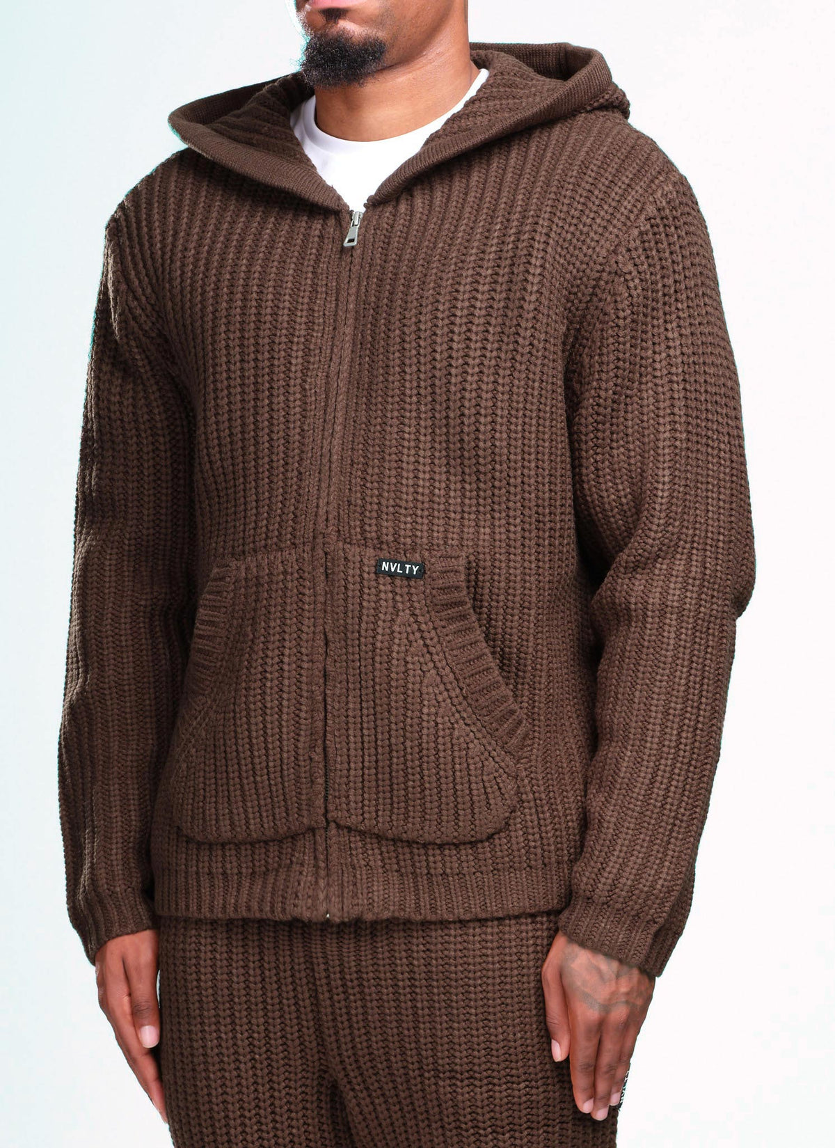 Heavyweight Knitted Zip Hoodie - Brown