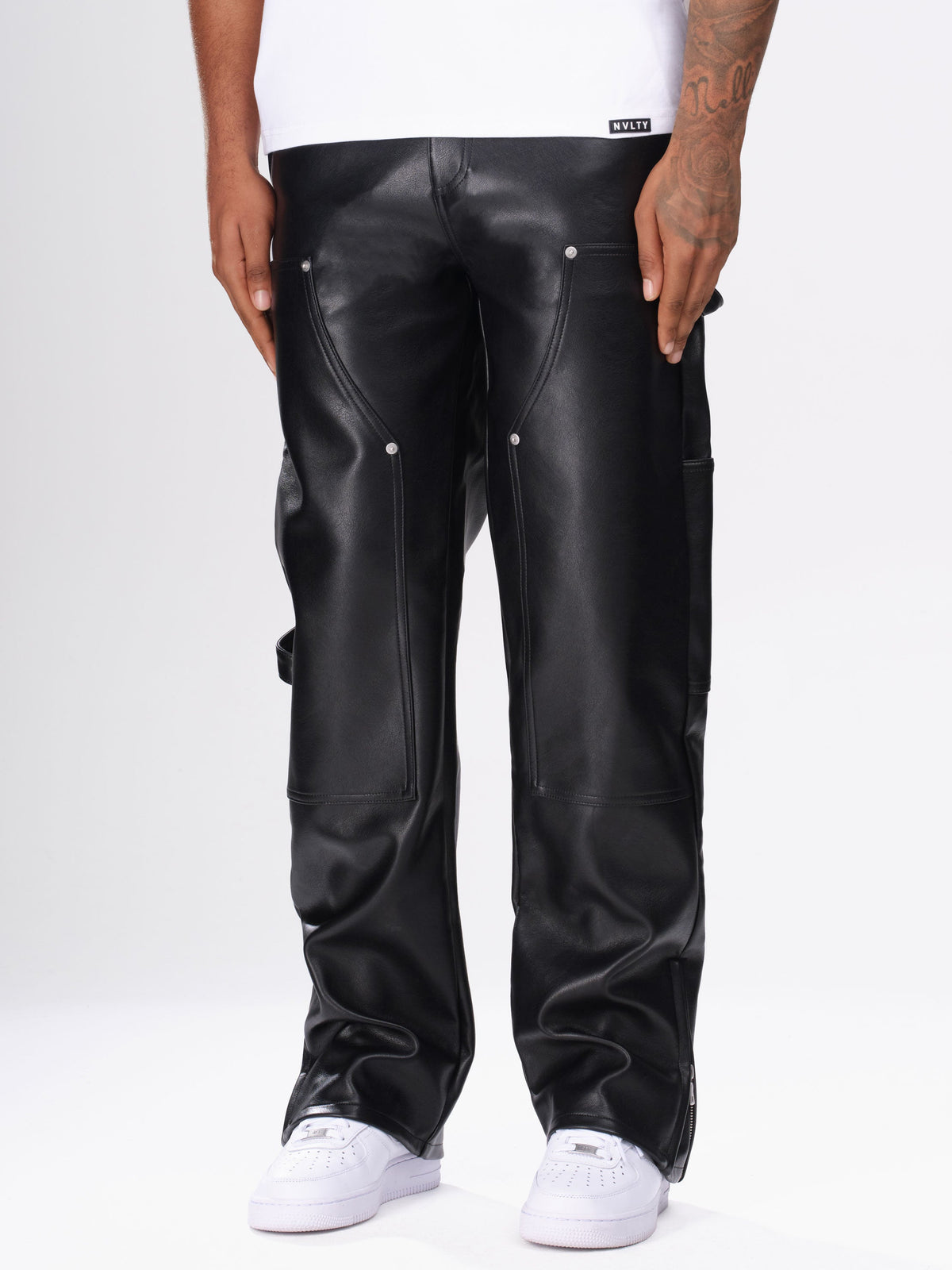 Leather Carpenter Rivet Pants - Black