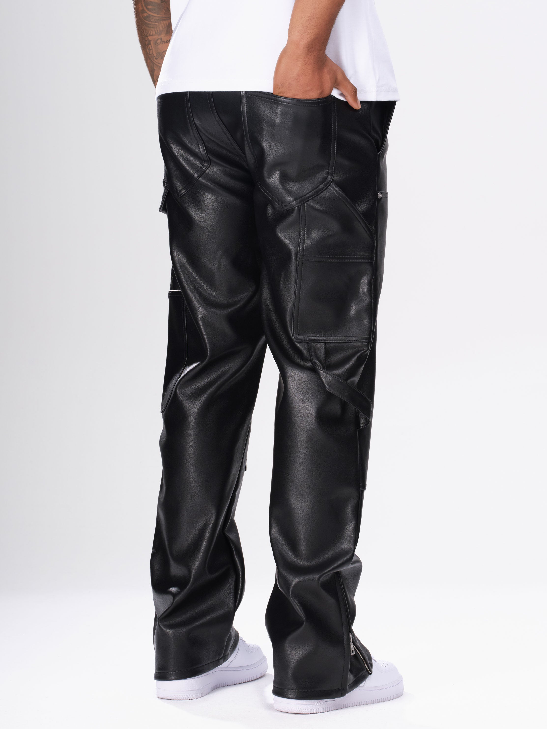 Leather Carpenter Rivet Pants - Black